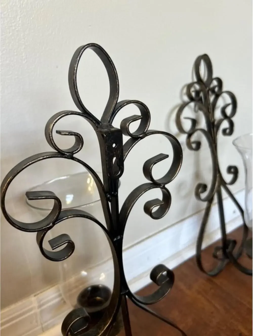 Pair of Vintage Wall-Mounted Metal Candle Holders with Glass Shades